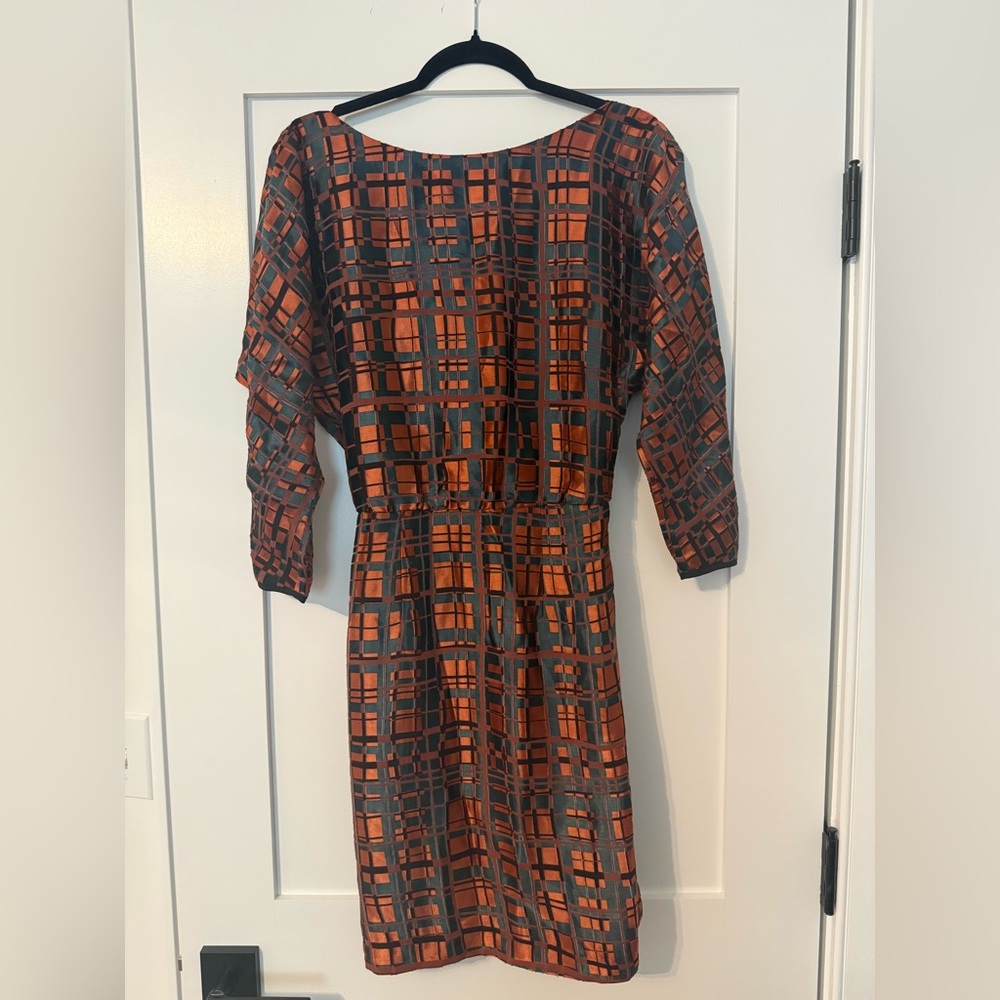 Reiss Orange and Charcoal Geometric Long Sleeve Dress